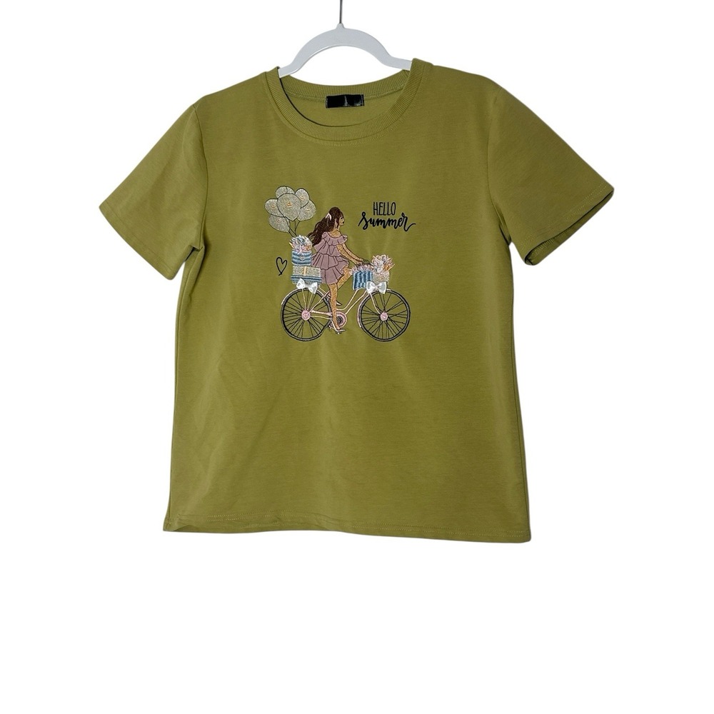 Hello Summer Top Women's Medium Short Sleeve Embroidered Coquette Stretch Olive